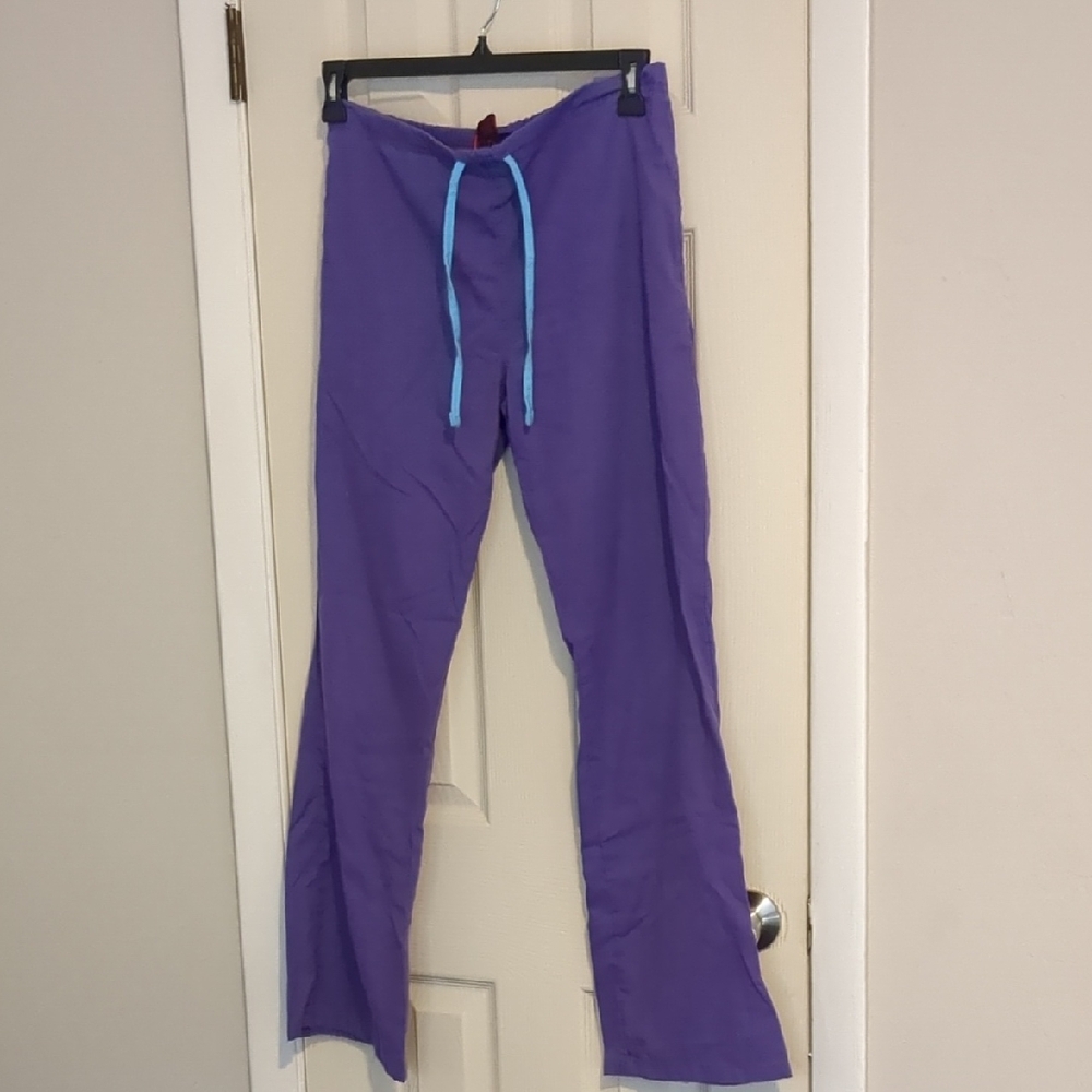Purple Scrub Bottoms with Blue Drawstring (Small Bleach Dots on Leg)